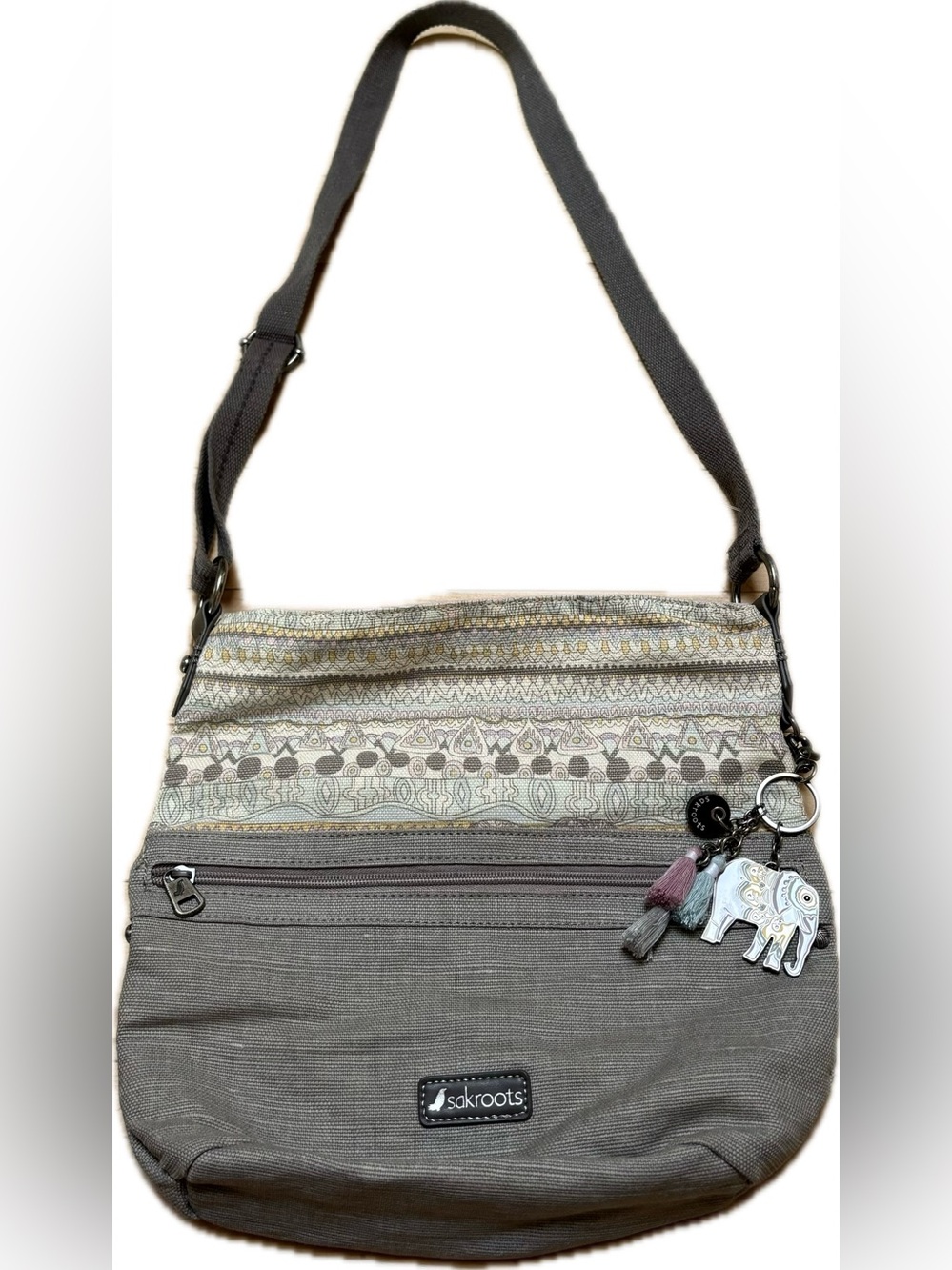 Sakroots Gray Patterned Crossbody Bag with Bag Charms